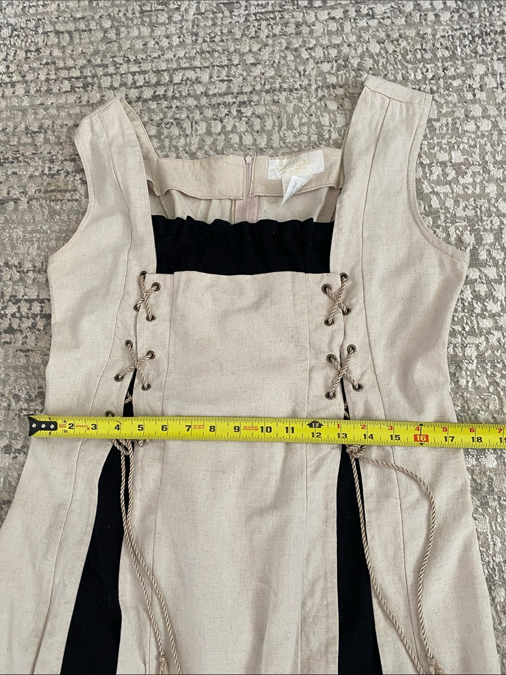 EXCALIBOR LInen Beige Maxi Dress w Black Insert & Lace-Up Panels Size X large - Picture 13 of 16